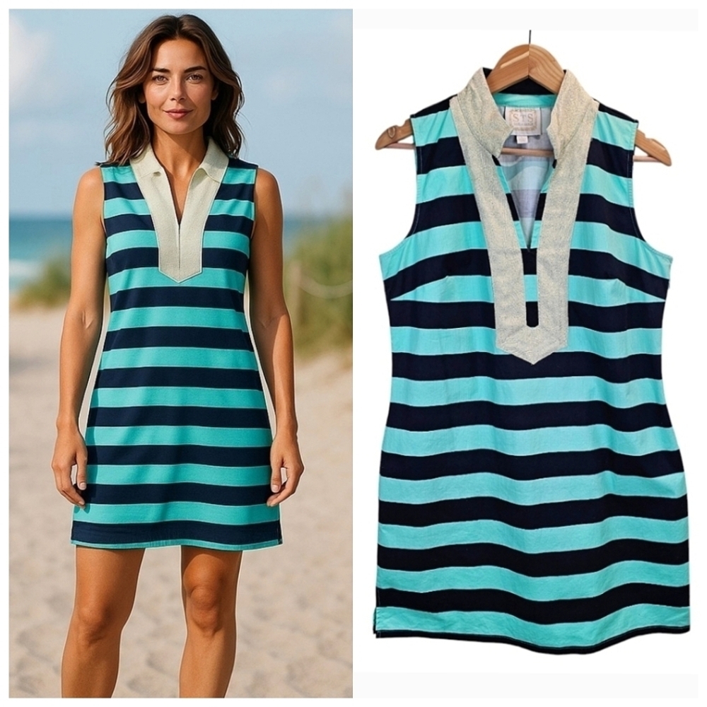 Sail To Sable Womens Classic Striped V-Neck Sleeveless Sheath Dress L Nautical